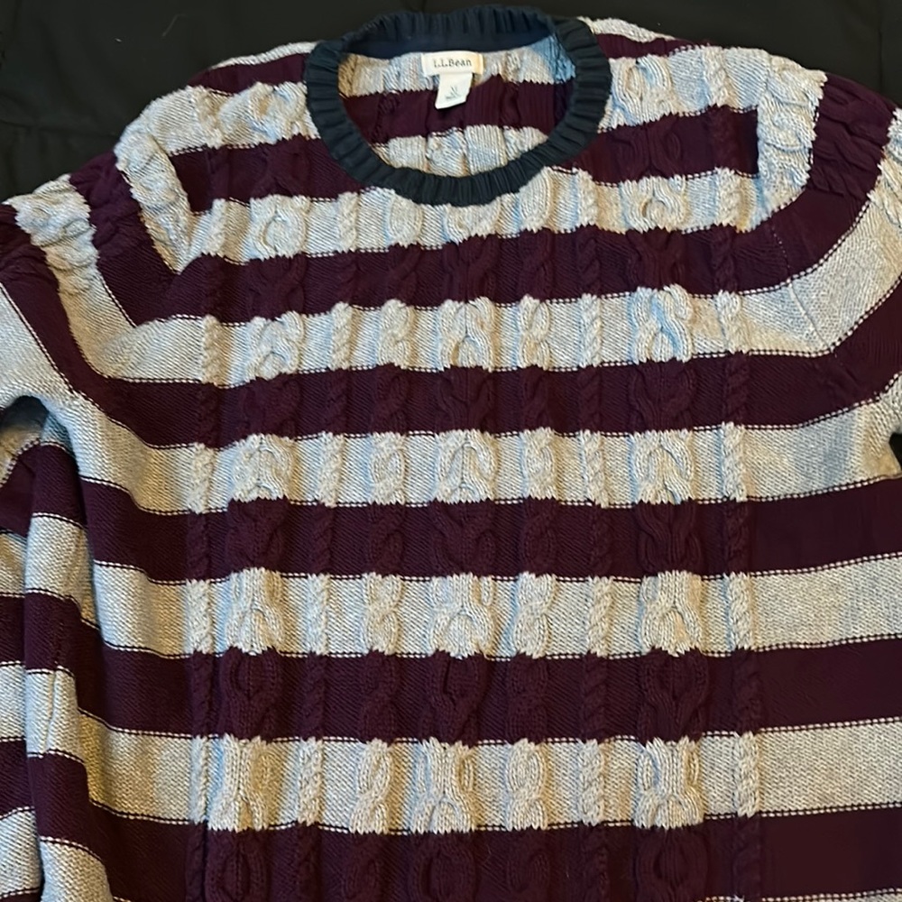 LL Bean classic purple, grey and blue striped sweater size xL